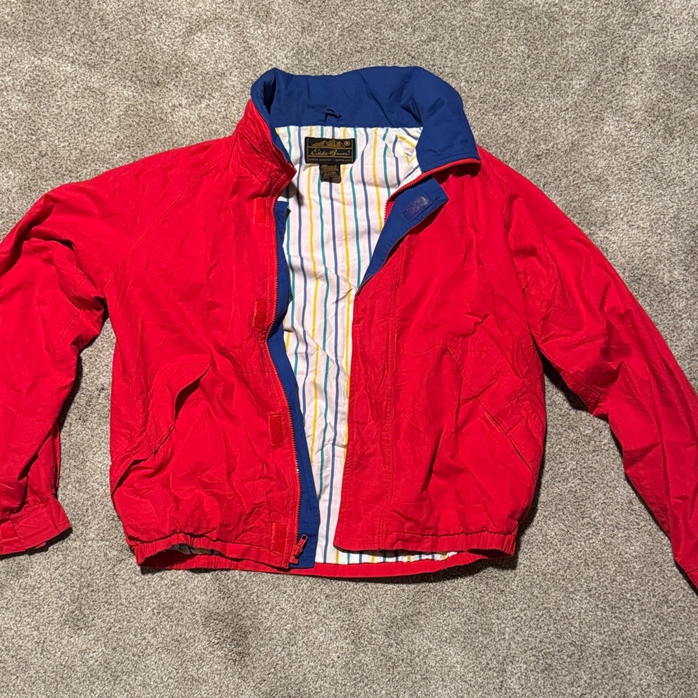 Vintage Red Eddie Bauer with Blue, Green, Yellow Striped Lining